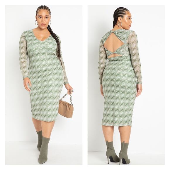 Eloquii Mesh Printed V Neck Twist Open Back Midi Dress Size 18 NWT Green Cream - Picture 1 of 12